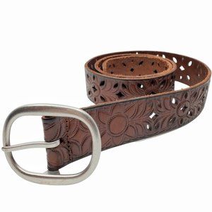 Leather belt brown embossed details silver buckle women's